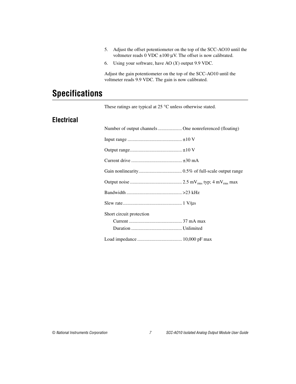 Specifications, Electrical | National Instruments Isolated Analog Output Module SCC-AO10 User Manual | Page 7 / 12