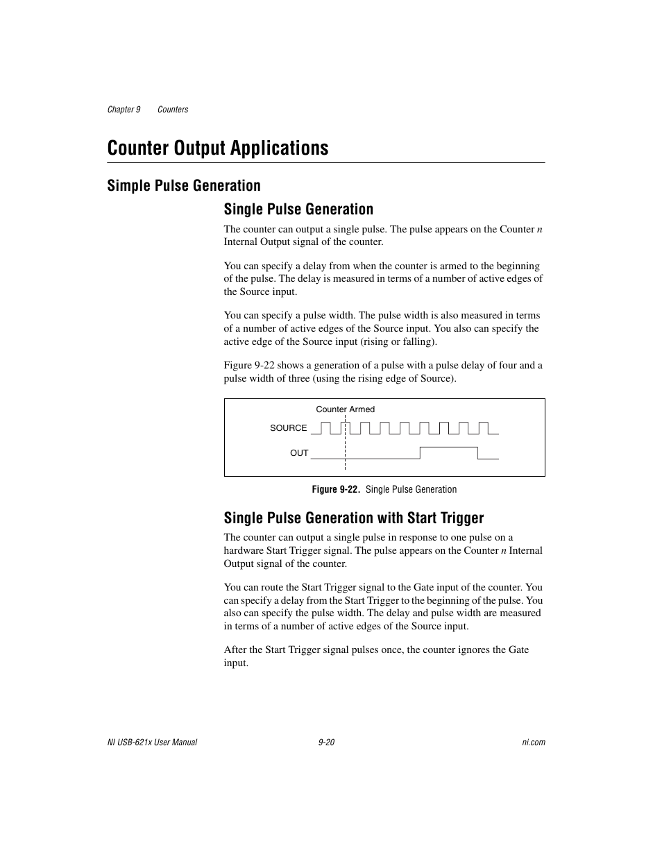 Counter output applications, Simple pulse generation, Single pulse generation | Figure 9-22. single pulse generation, Single pulse generation with start trigger, Counter output applications -20, Simple pulse generation -20, Simple pulse generation single pulse generation | National Instruments NI USB-621x User Manual | Page 100 / 178