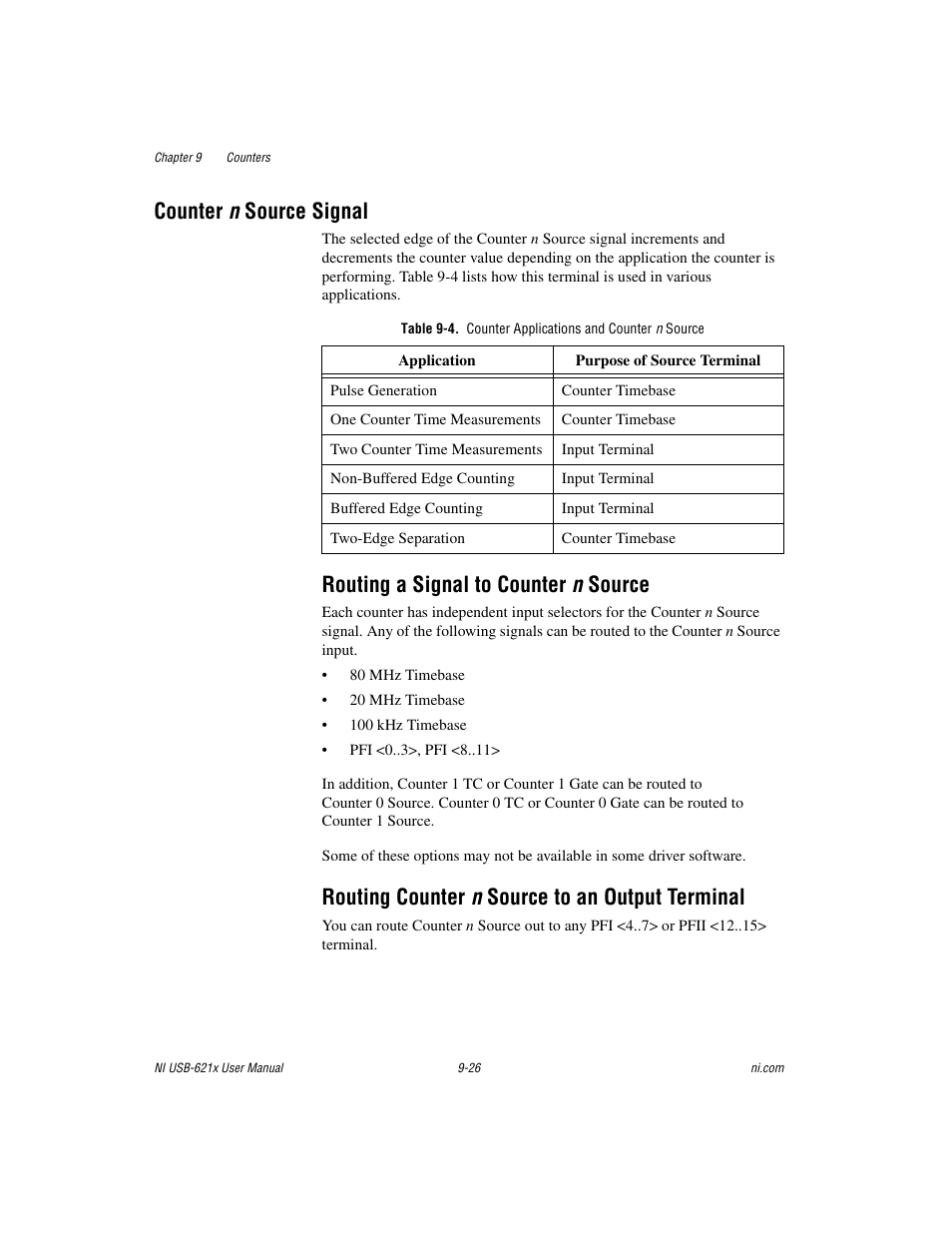 Counter n source signal, Routing a signal to counter n source, Routing counter n source to an output terminal | Counter n source signal -26 | National Instruments NI USB-621x User Manual | Page 106 / 178