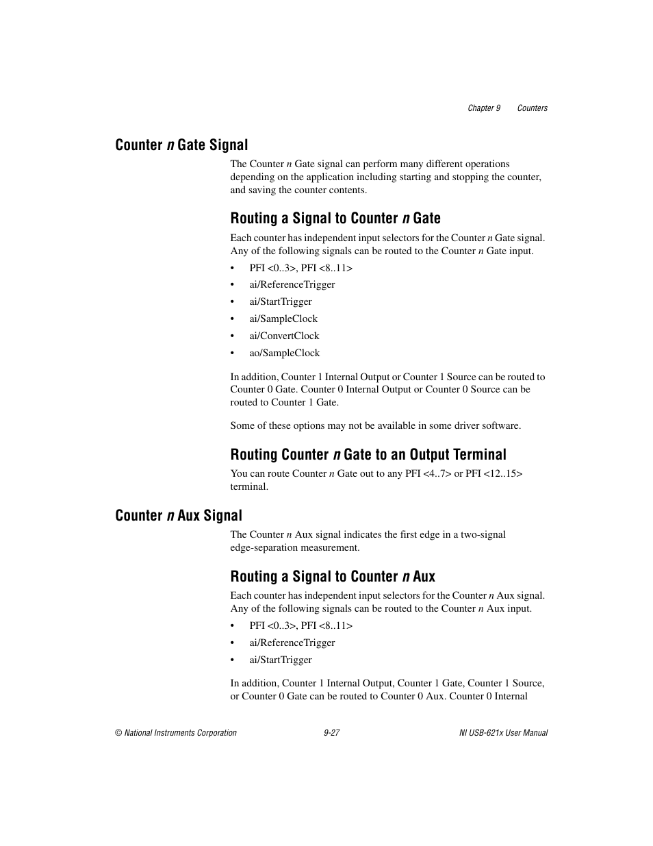 Counter n gate signal, Routing a signal to counter n gate, Routing counter n gate to an output terminal | Counter n aux signal, Routing a signal to counter n aux, Counter n gate signal -27, Counter n aux signal -27, Routing a signal to counter n aux -27 | National Instruments NI USB-621x User Manual | Page 107 / 178