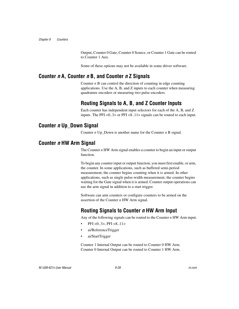 Counter n a, counter n b, and counter n z signals, Routing signals to a, b, and z counter inputs, Counter n up_down signal | Counter n hw arm signal, Routing signals to counter n hw arm input, Routing signals to a, b, and z counter inputs -28, Routing signals to counter n hw arm input -28 | National Instruments NI USB-621x User Manual | Page 108 / 178