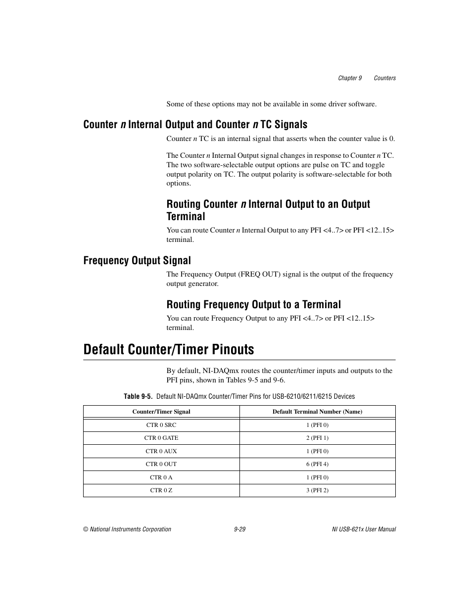 Counter n internal output and counter n tc signals, Frequency output signal, Routing frequency output to a terminal | Default counter/timer pinouts, Frequency output signal -29, Routing frequency output to a terminal -29, Default counter/timer pinouts -29, Default, Counter/timer pinouts | National Instruments NI USB-621x User Manual | Page 109 / 178