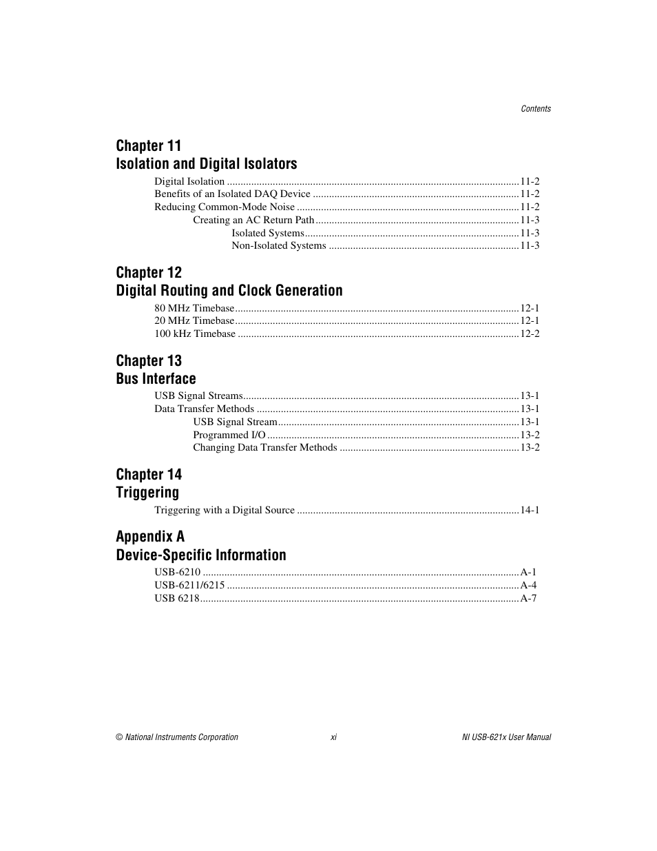 Chapter 11 isolation and digital isolators, Chapter 12 digital routing and clock generation, Chapter 13 bus interface | Chapter 14 triggering, Appendix a device-specific information | National Instruments NI USB-621x User Manual | Page 11 / 178