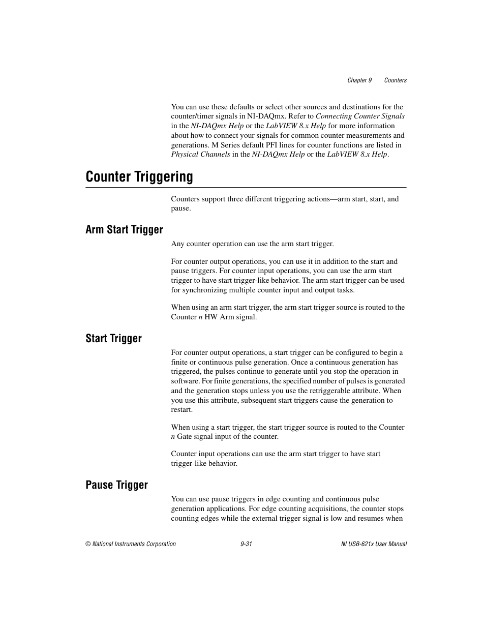 Counter triggering, Arm start trigger, Start trigger | Pause trigger, Counter triggering -31 | National Instruments NI USB-621x User Manual | Page 111 / 178