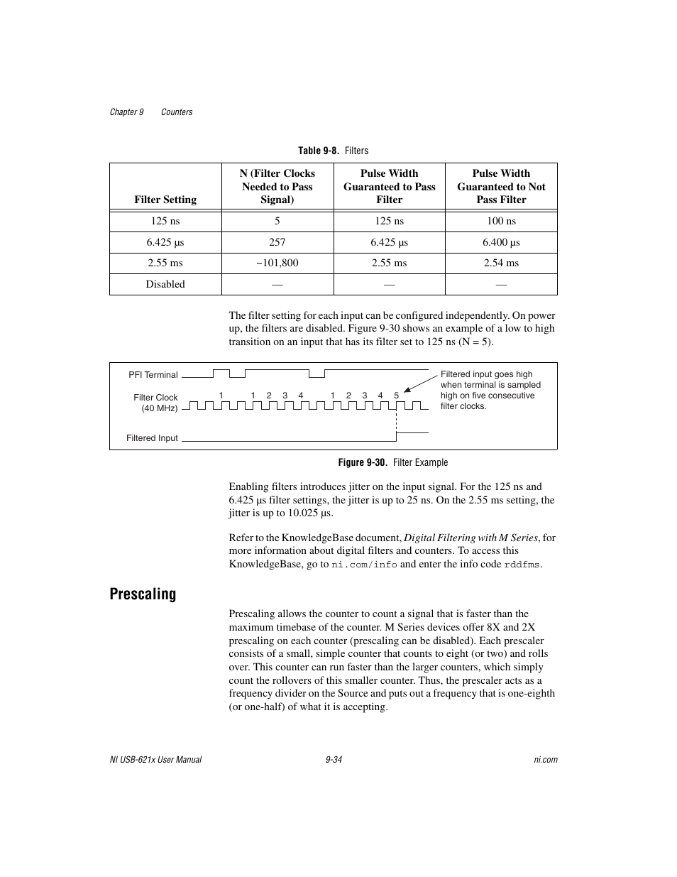 Table 9-8. filters, Figure 9-30. filter example, Prescaling | Prescaling -34, Ble 9-8 | National Instruments NI USB-621x User Manual | Page 114 / 178