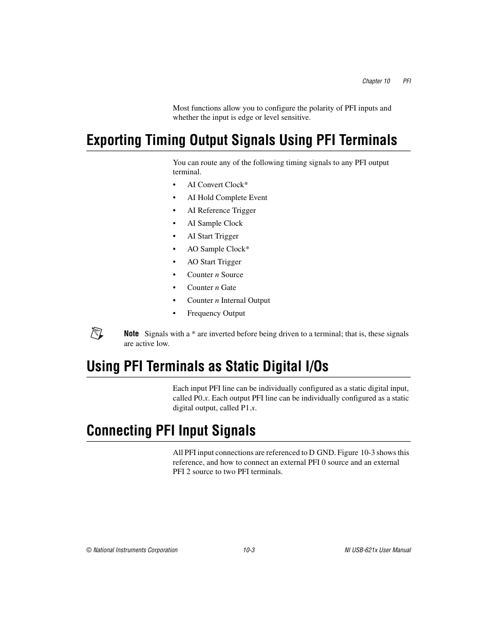 Using pfi terminals as static digital i/os, Connecting pfi input signals | National Instruments NI USB-621x User Manual | Page 121 / 178