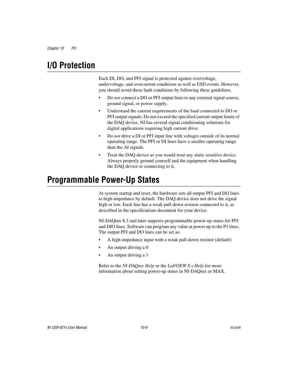 I/o protection, Programmable power-up states, I/o protection -6 programmable power-up states -6 | National Instruments NI USB-621x User Manual | Page 124 / 178