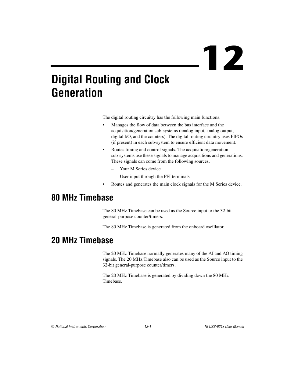 Chapter 12 digital routing and clock generation, 80 mhz timebase, 20 mhz timebase | 80 mhz timebase -1 20 mhz timebase -1, Digital routing and clock generation | National Instruments NI USB-621x User Manual | Page 129 / 178