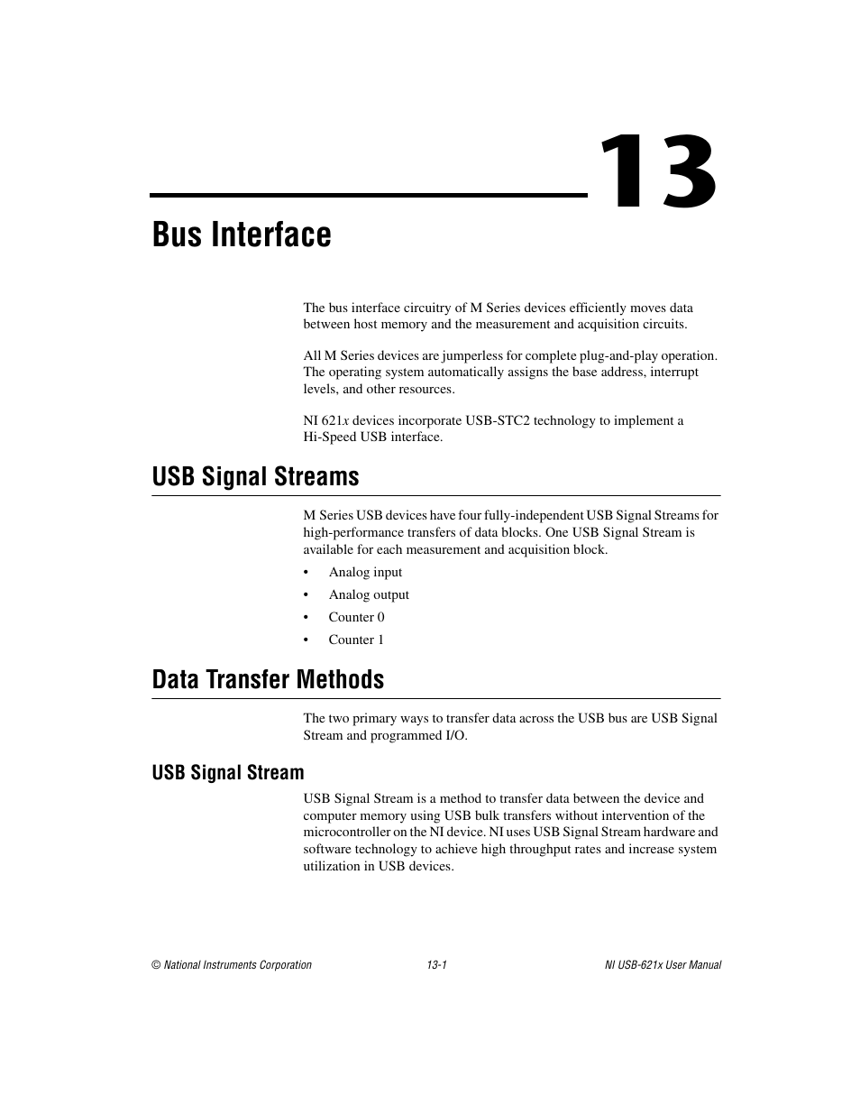 Chapter 13 bus interface, Usb signal streams, Data transfer methods | Usb signal stream, Usb signal streams -1 data transfer methods -1, Usb signal stream -1, Bus interface | National Instruments NI USB-621x User Manual | Page 131 / 178