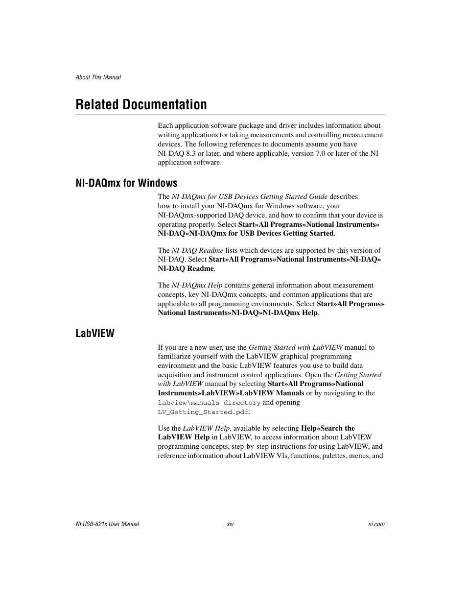 Related documentation, Ni-daqmx for windows, Labview | National Instruments NI USB-621x User Manual | Page 14 / 178