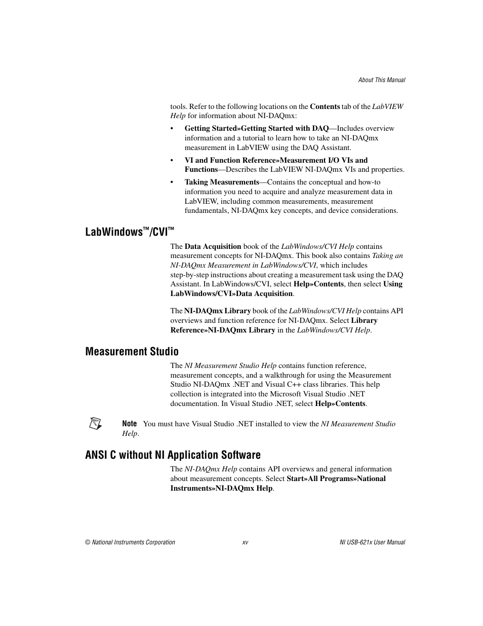 Labwindows™/cvi, Measurement studio, Ansi c without ni application software | Labwindows | National Instruments NI USB-621x User Manual | Page 15 / 178