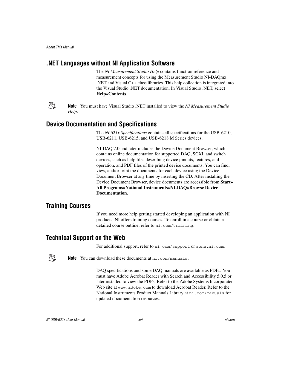 Net languages without ni application software, Device documentation and specifications, Training courses | Technical support on the web | National Instruments NI USB-621x User Manual | Page 16 / 178