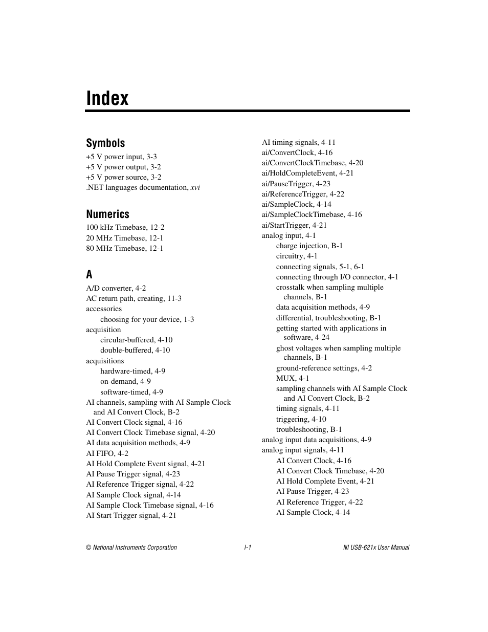 Index, Symbols, Numerics | National Instruments NI USB-621x User Manual | Page 169 / 178