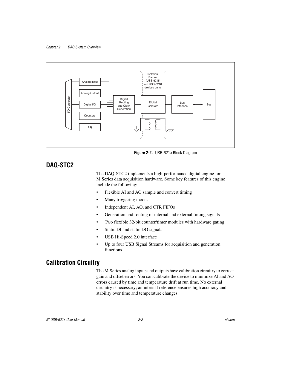 Figure 2-2. usb-621x block diagram, Daq-stc2, Calibration circuitry | Daq-stc2 -2 calibration circuitry -2 | National Instruments NI USB-621x User Manual | Page 21 / 178