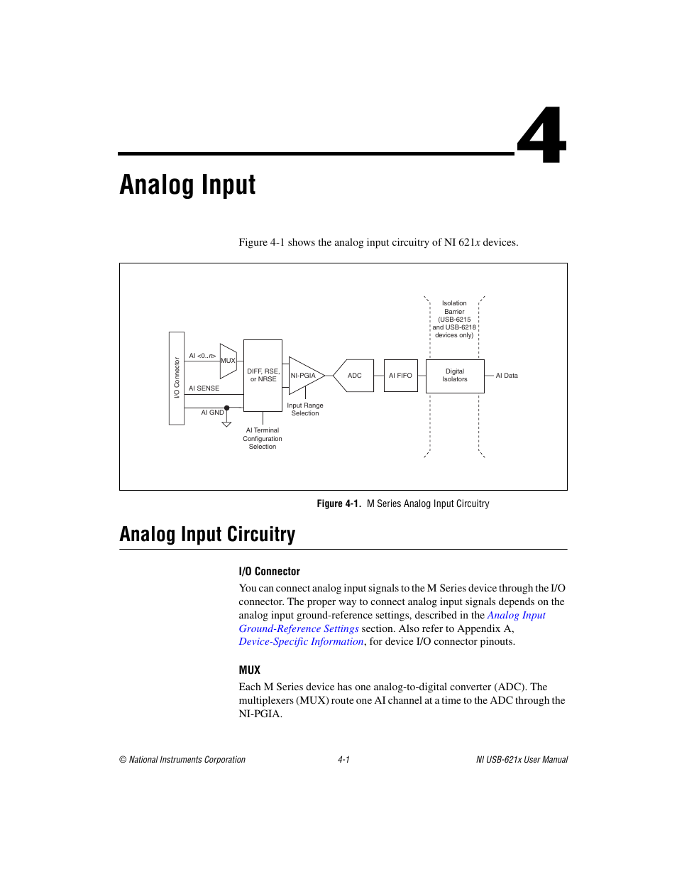Chapter 4 analog input, Figure 4-1. m series analog input circuitry, Analog input circuitry | Analog input circuitry -1, Analog input | National Instruments NI USB-621x User Manual | Page 27 / 178