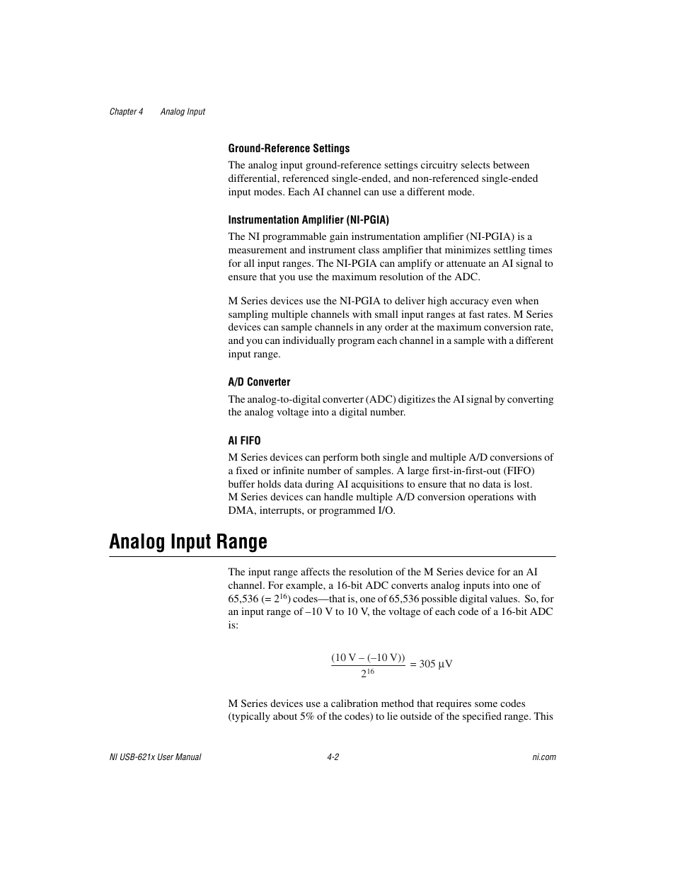 Analog input range, Analog input range -2 | National Instruments NI USB-621x User Manual | Page 28 / 178