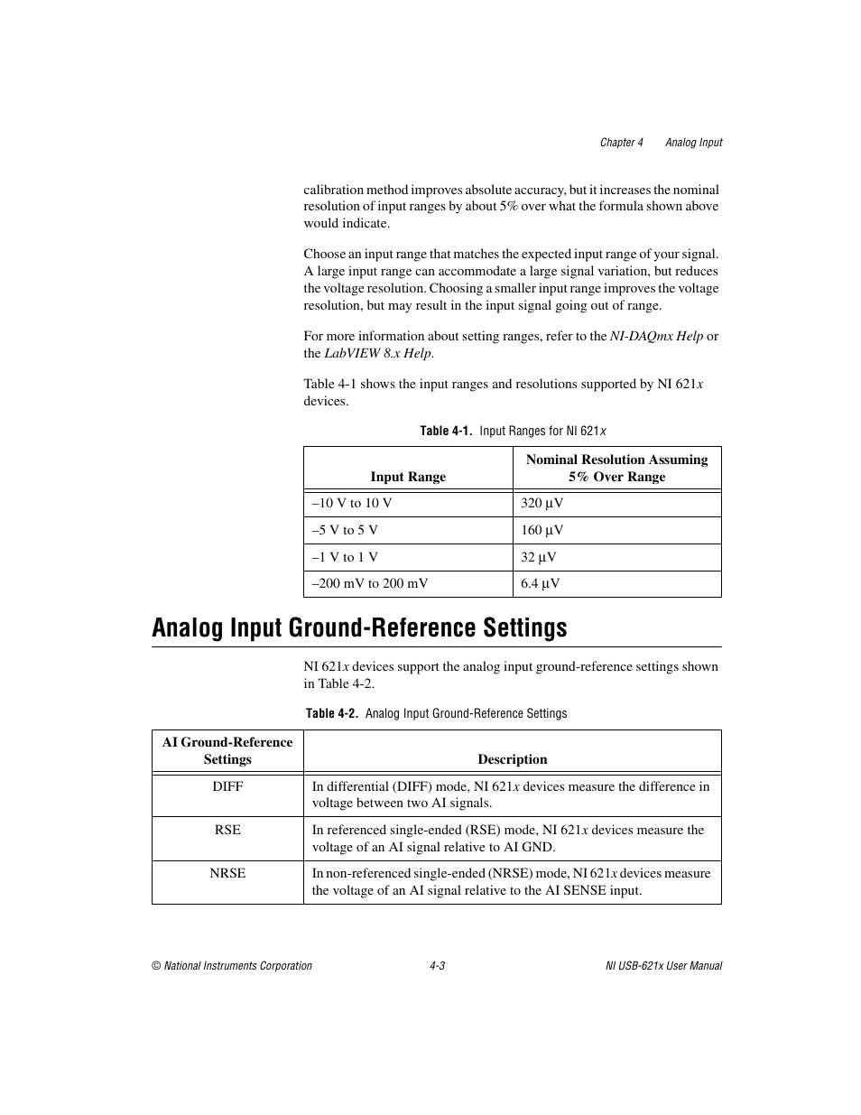Table 4-1. input ranges for ni 621x, Analog input ground-reference settings, Table 4-2. analog input ground-reference settings | Analog input ground-reference settings -3, Analog input, Ground-reference settings | National Instruments NI USB-621x User Manual | Page 29 / 178