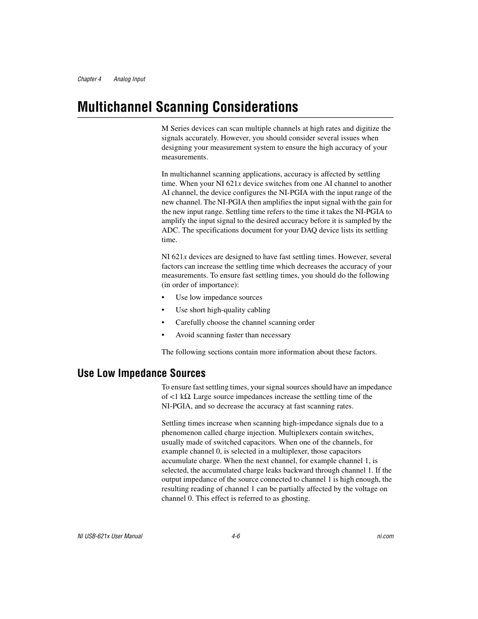 Multichannel scanning considerations, Use low impedance sources, Multichannel scanning considerations -6 | Use low impedance sources -6 | National Instruments NI USB-621x User Manual | Page 32 / 178