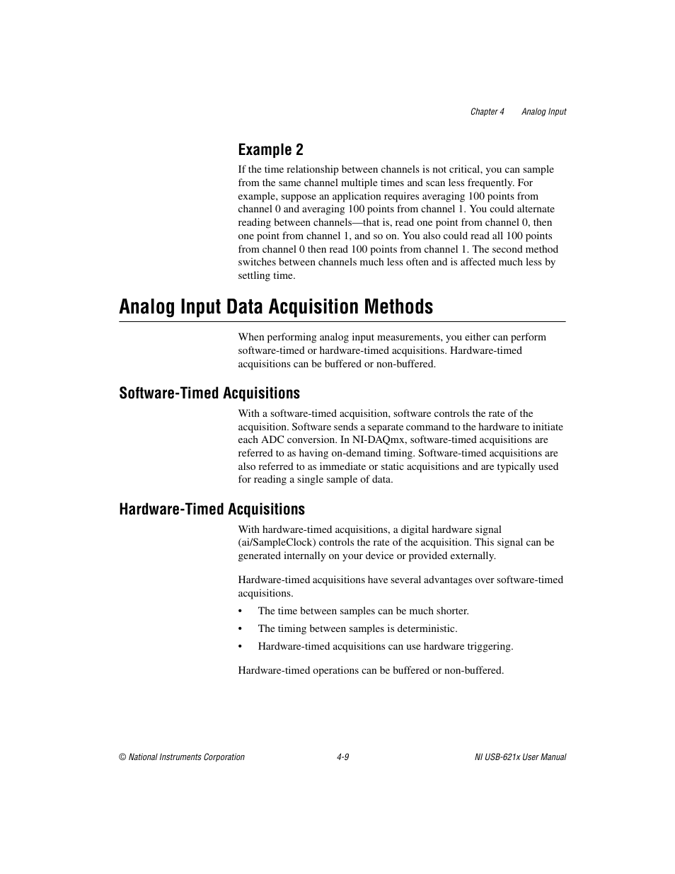 Example 2, Analog input data acquisition methods, Software-timed acquisitions | Hardware-timed acquisitions, Example 2 -9, Analog input data acquisition methods -9 | National Instruments NI USB-621x User Manual | Page 35 / 178
