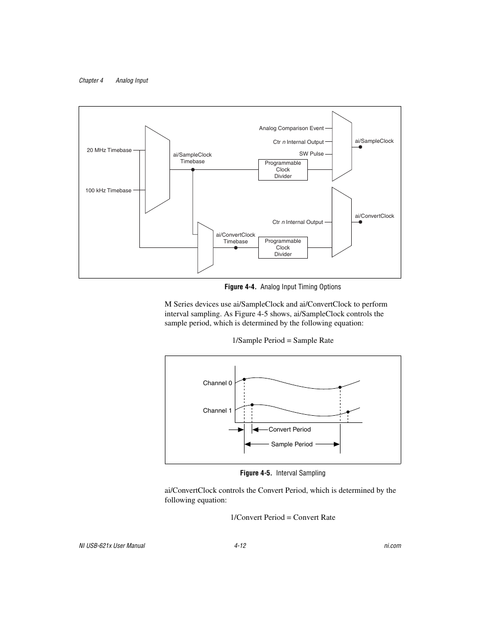 Figure 4-4. analog input timing options, Figure 4-5. interval sampling | National Instruments NI USB-621x User Manual | Page 38 / 178