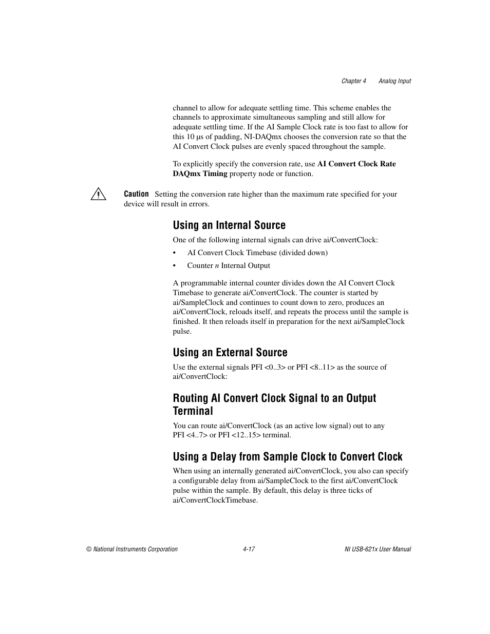 Using an internal source, Using an external source, Using a delay from sample clock to convert clock | National Instruments NI USB-621x User Manual | Page 43 / 178