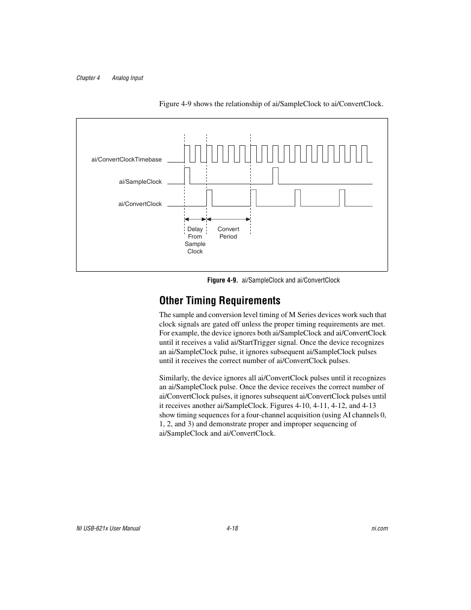 Figure 4-9. ai/sampleclock and ai/convertclock, Other timing requirements, Other timing requirements -18 | National Instruments NI USB-621x User Manual | Page 44 / 178