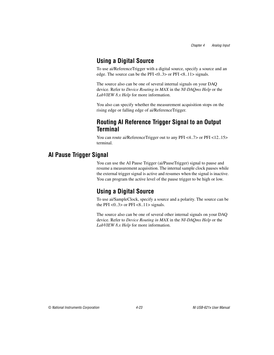 Using a digital source, Ai pause trigger signal, Ai pause trigger signal -23 | Using a digital source -23, Pause trigger signal, Sect | National Instruments NI USB-621x User Manual | Page 49 / 178