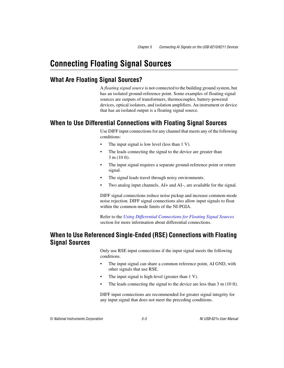 Connecting floating signal sources, What are floating signal sources, Connecting floating signal sources -3 | Floating signal sources -3 | National Instruments NI USB-621x User Manual | Page 53 / 178