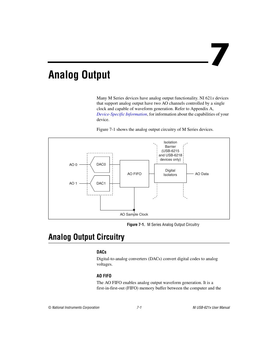 Chapter 7 analog output, Figure 7-1. m series analog output circuitry, Analog output circuitry | Analog output circuitry -1, Analog output | National Instruments NI USB-621x User Manual | Page 68 / 178