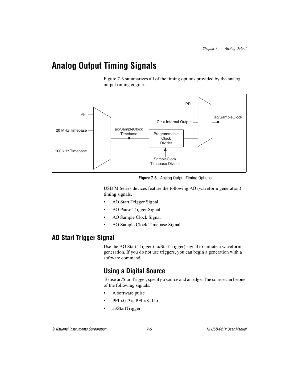 Analog output timing signals, Figure 7-3. analog output timing options, Ao start trigger signal | Using a digital source, Analog output timing signals -5, Ao start trigger signal -5, Using a digital source -5 | National Instruments NI USB-621x User Manual | Page 72 / 178
