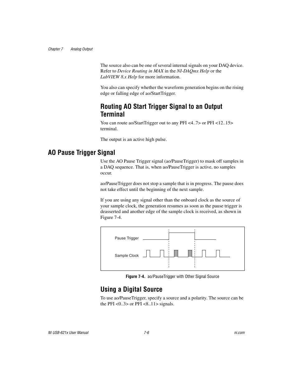 Ao pause trigger signal, Using a digital source, Ao pause trigger signal -6 | Using a digital source -6 | National Instruments NI USB-621x User Manual | Page 73 / 178