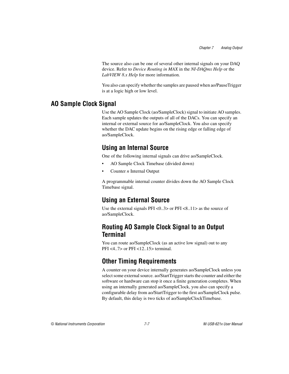 Ao sample clock signal, Using an internal source, Using an external source | Other timing requirements, Ao sample clock signal -7 | National Instruments NI USB-621x User Manual | Page 74 / 178
