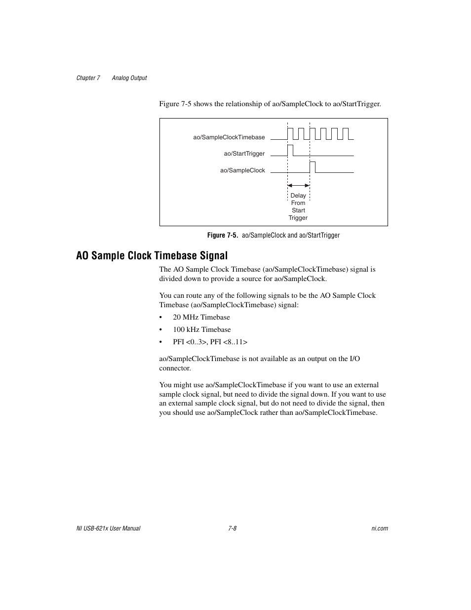 Figure 7-5. ao/sampleclock and ao/starttrigger, Ao sample clock timebase signal, Ao sample clock timebase signal -8 | National Instruments NI USB-621x User Manual | Page 75 / 178