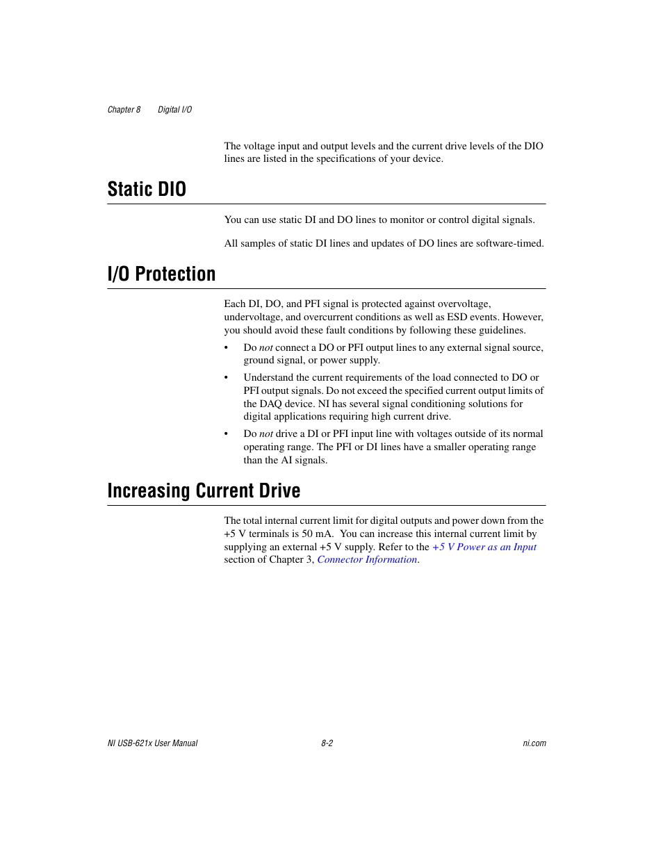 Static dio, I/o protection, Increasing current drive | National Instruments NI USB-621x User Manual | Page 78 / 178