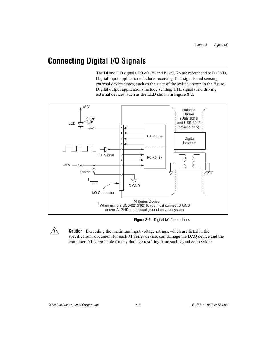 Connecting digital i/o signals, Figure 8-2. digital i/o connections, Connecting digital i/o signals -3 | National Instruments NI USB-621x User Manual | Page 79 / 178