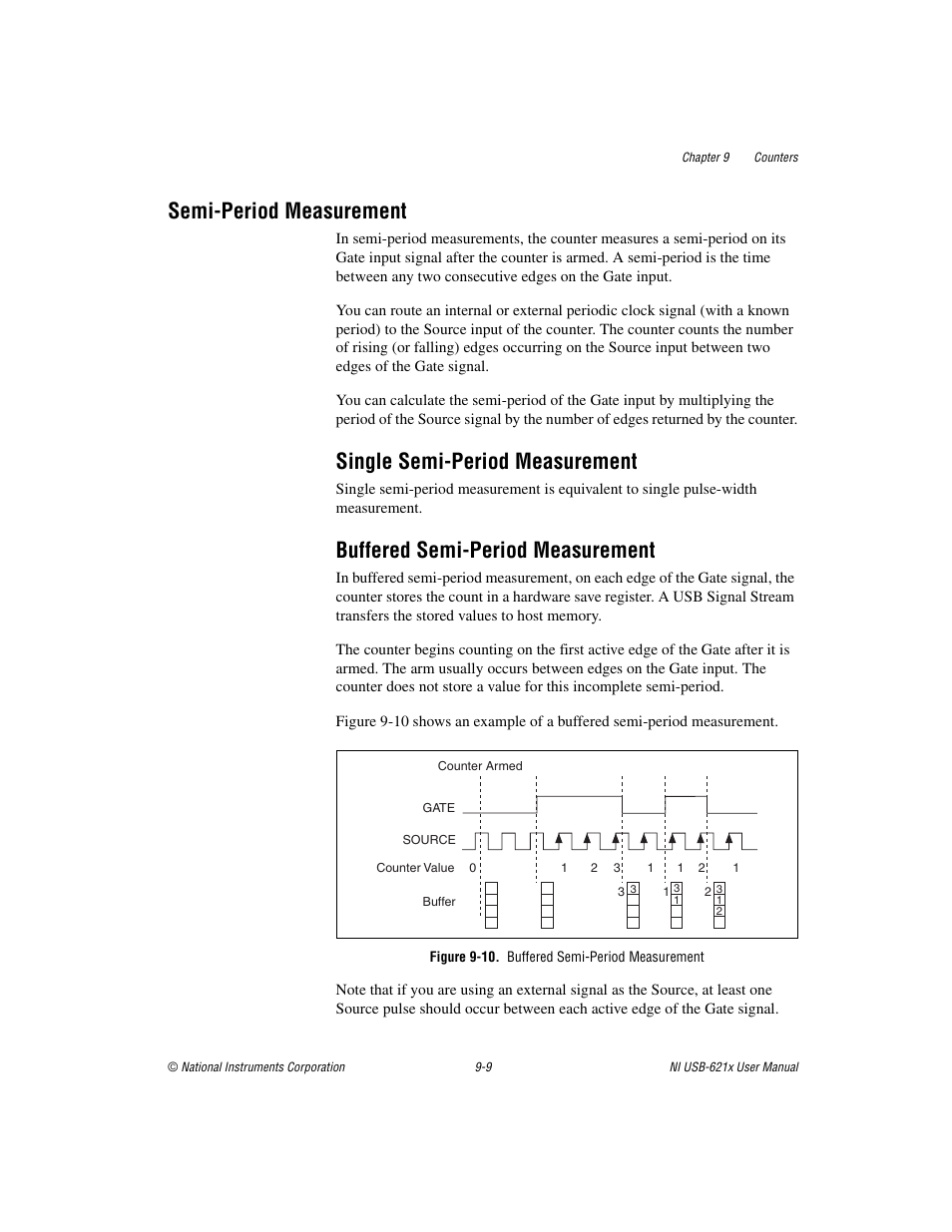 Semi-period measurement, Single semi-period measurement, Buffered semi-period measurement | Figure 9-10. buffered semi-period measurement, Semi-period measurement -9 | National Instruments NI USB-621x User Manual | Page 89 / 178