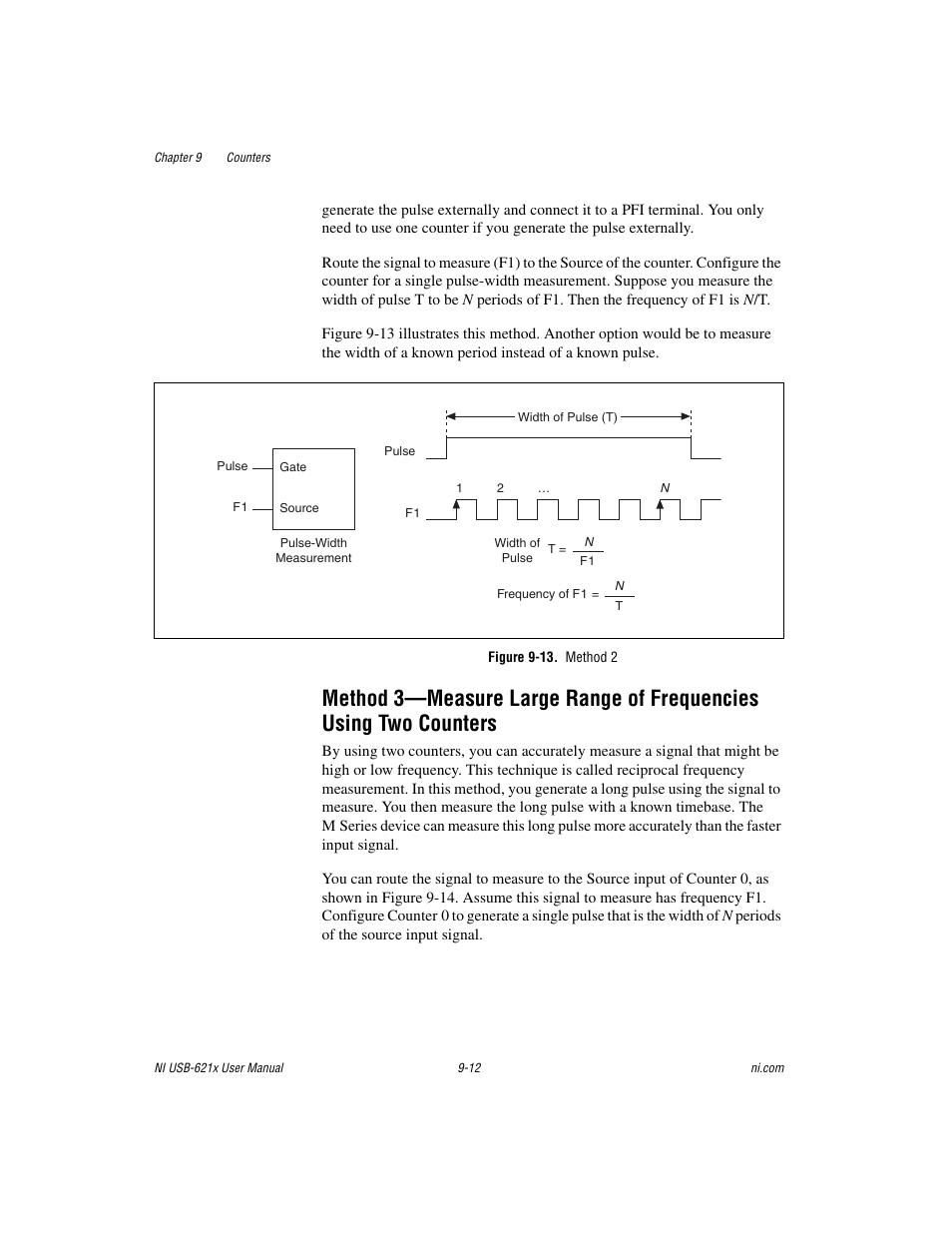 Figure 9-13. method 2, Method 3—measure large range of frequencies using, Two counters -12 | National Instruments NI USB-621x User Manual | Page 92 / 178