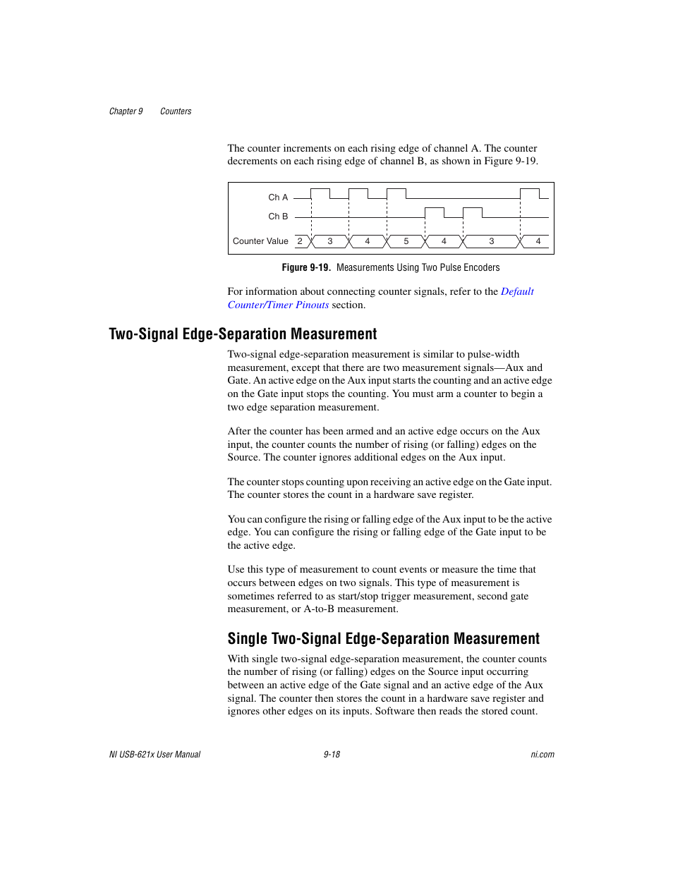 Figure 9-19. measurements using two pulse encoders, Two-signal edge-separation measurement, Single two-signal edge-separation measurement | Two-signal edge-separation measurement -18, Single two-signal edge-separation measurement -18 | National Instruments NI USB-621x User Manual | Page 98 / 178