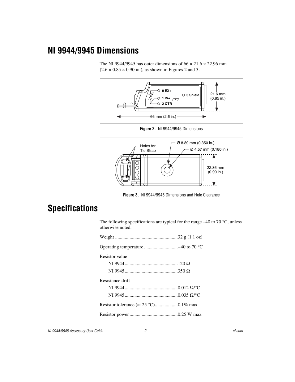Ni 9944/9945 dimensions, Figure 2. ni 9944/9945 dimensions, Specifications | National Instruments NI 9944 User Manual | Page 2 / 4
