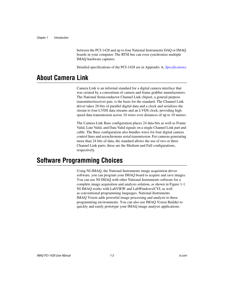About camera link, Software programming choices | National Instruments PCI-1428 User Manual | Page 10 / 39