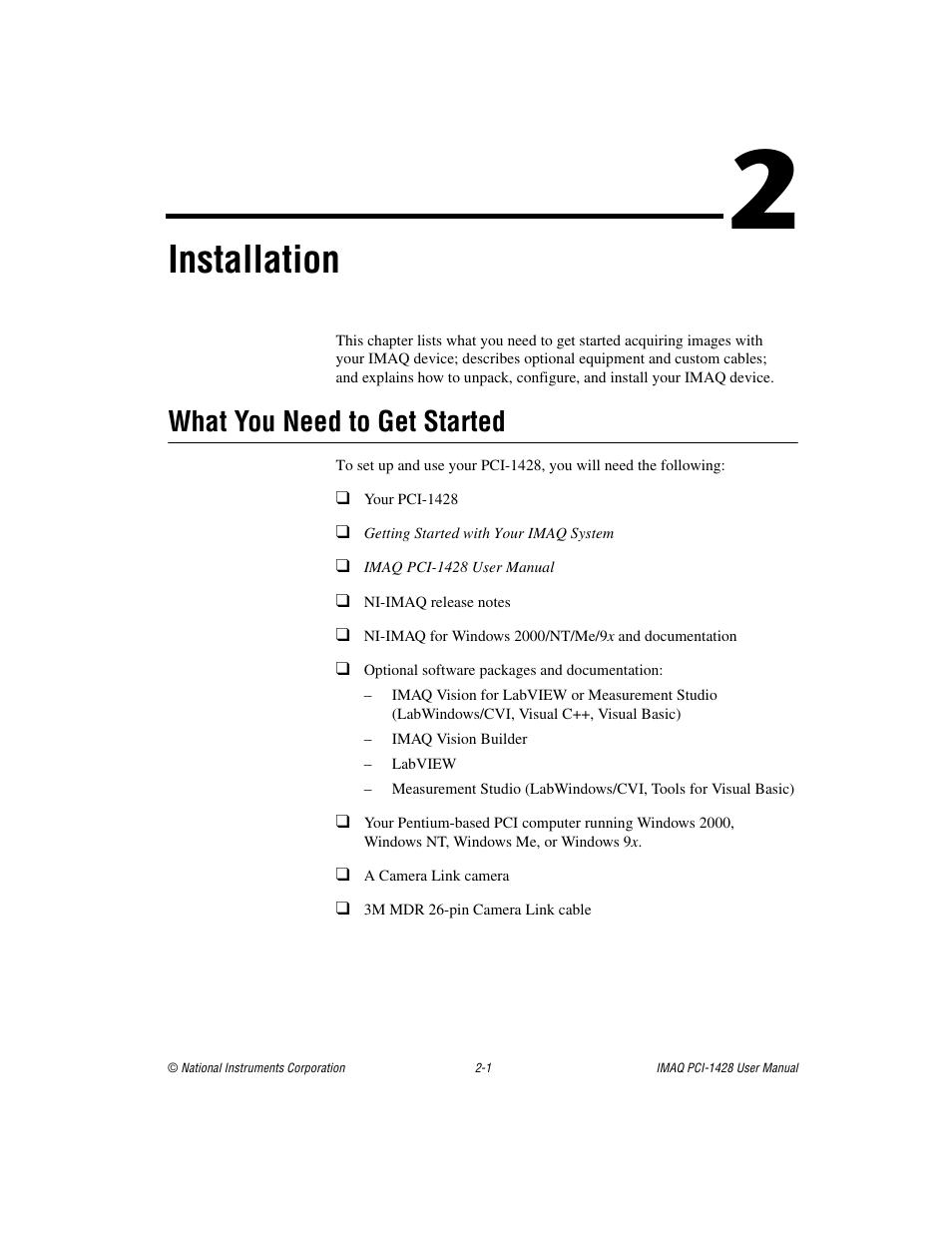 Chapter 2 installation, What you need to get started, What you need to get started -1 | Installation | National Instruments PCI-1428 User Manual | Page 15 / 39