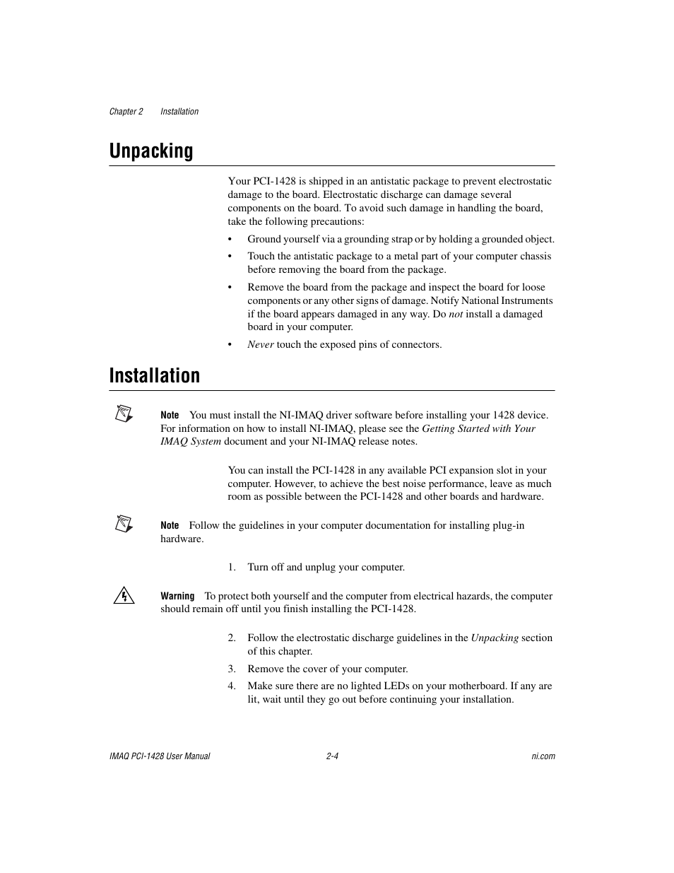 Unpacking, Installation, Unpacking -4 installation -4 | National Instruments PCI-1428 User Manual | Page 18 / 39