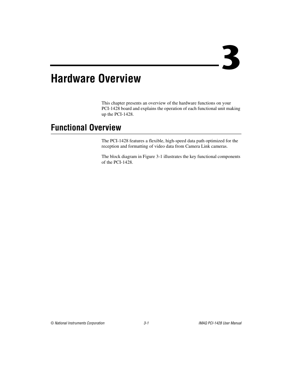 Chapter 3 hardware overview, Functional overview, Functional overview -1 | Hardware overview | National Instruments PCI-1428 User Manual | Page 20 / 39