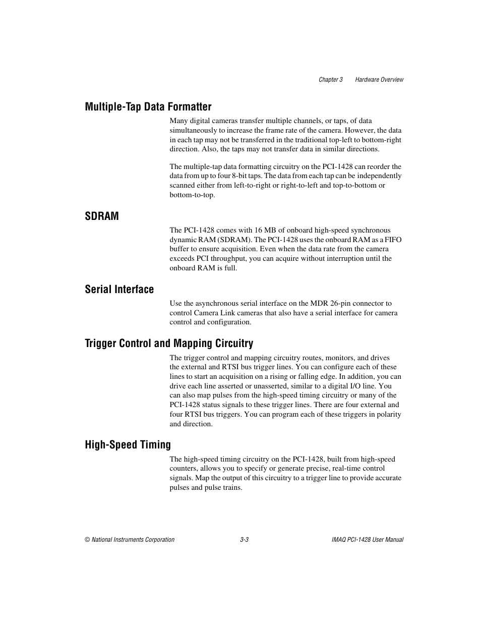 Multiple-tap data formatter, Sdram, Serial interface | Trigger control and mapping circuitry, High-speed timing | National Instruments PCI-1428 User Manual | Page 22 / 39