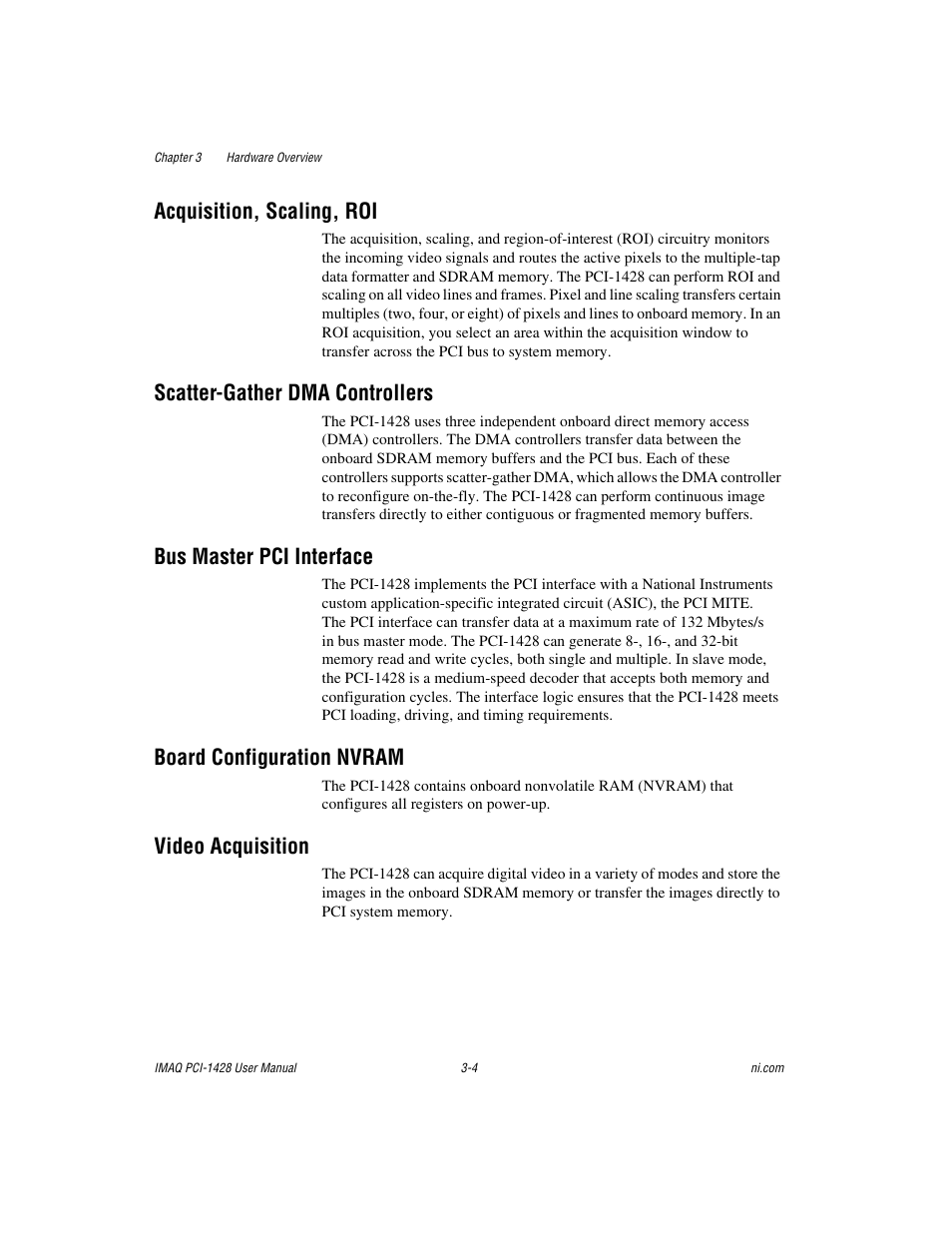 Acquisition, scaling, roi, Scatter-gather dma controllers, Bus master pci interface | Board configuration nvram, Video acquisition | National Instruments PCI-1428 User Manual | Page 23 / 39