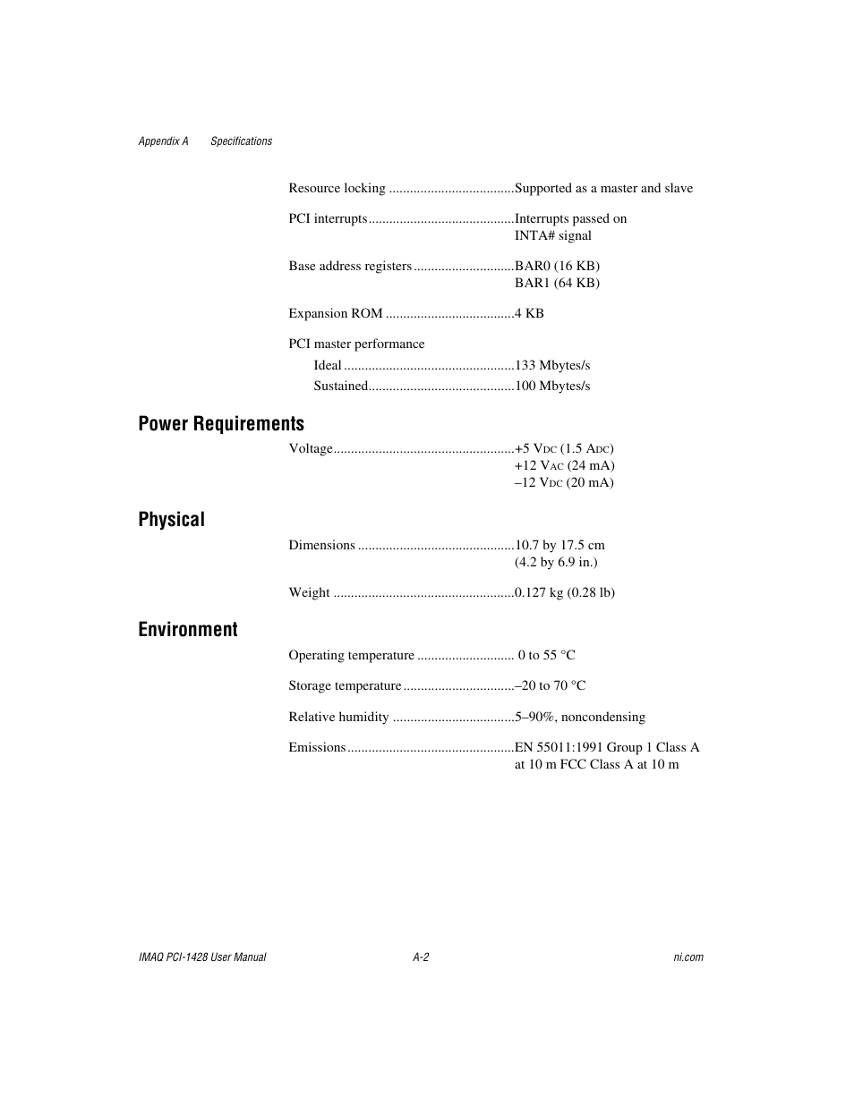 Power requirements, Physical, Environment | National Instruments PCI-1428 User Manual | Page 26 / 39