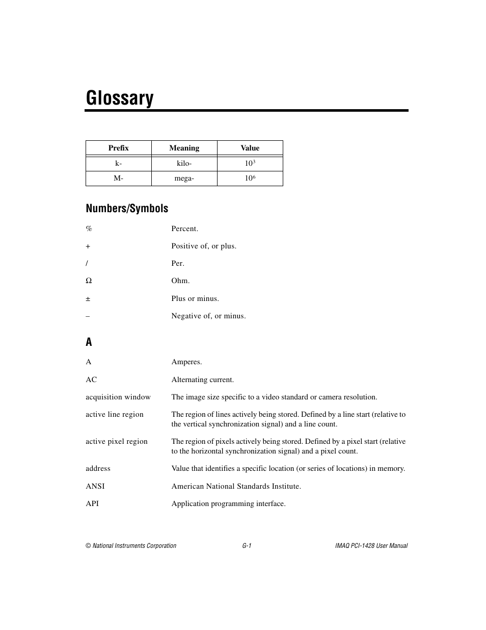 Glossary, Numbers/symbols-a, Numbers/symbols | National Instruments PCI-1428 User Manual | Page 29 / 39