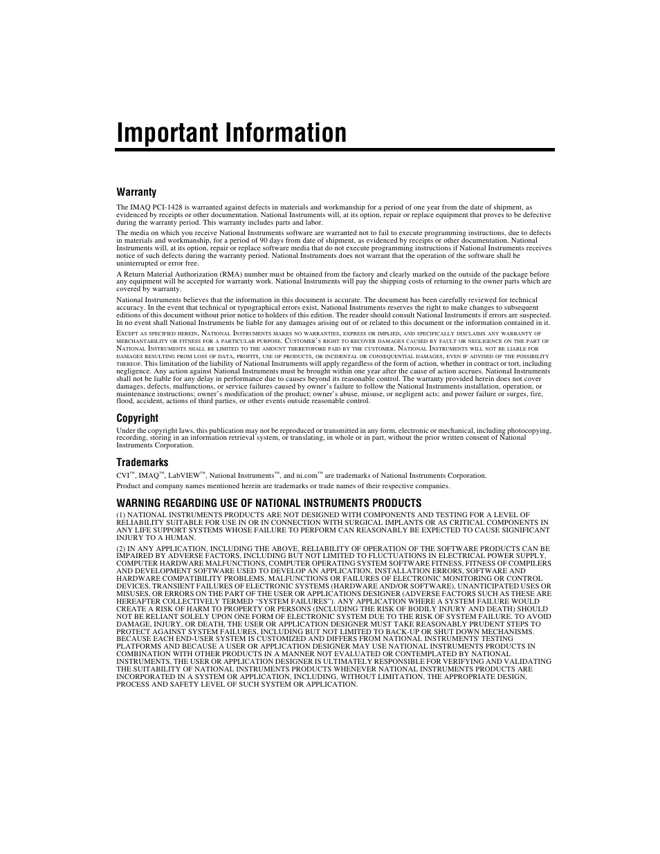 Important information, Warranty, Copyright | Trademarks | National Instruments PCI-1428 User Manual | Page 3 / 39