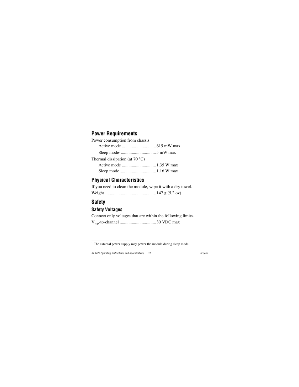 Power requirements, Physical characteristics, Safety | Safety voltages | National Instruments NI 9426 User Manual | Page 12 / 20