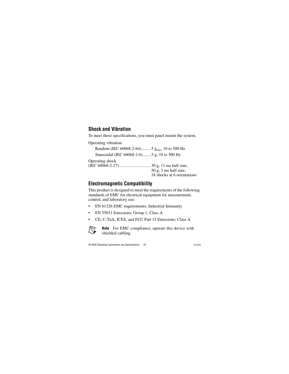 Shock and vibration, Electromagnetic compatibility | National Instruments NI 9426 User Manual | Page 16 / 20